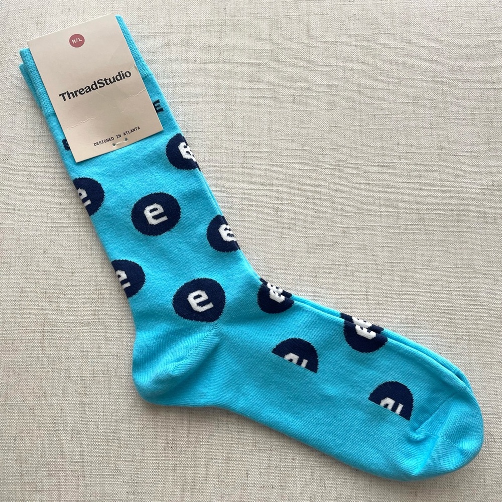 ThreadStudio Blue Letter e Long Novelty Socks Designed in Atlanta Men’s Size M/L